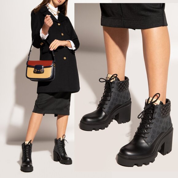 GUCCI BOOTS GG LOGO PLATFORM BLOCK HEEL ANKLE BOOTIES QUILTED - Picture 1 of 16